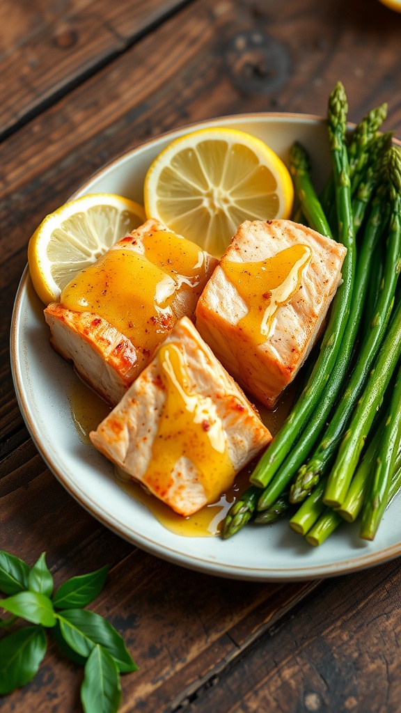 One-pan lemon garlic salmon with asparagus garnished with lemon wedges on a rustic table.